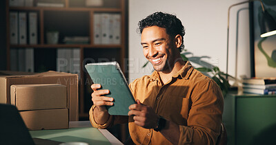 Buy stock photo Happy, entrepreneur and man with tablet, logistics and ecommerce success on website and distribution. Reading, online and person with smile for order, supply chain and shipping goods with technology