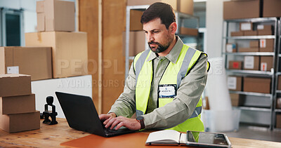 Buy stock photo Supply chain, laptop and man in warehouse, typing and email for inventory management. Employee, logistics and person in factory, pc and website info for distribution, import and schedule for backlog