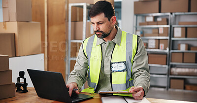 Buy stock photo Supply chain, laptop and man in warehouse, reading and email for inventory management. Internet, logistics and person in factory, pc and website info for distribution, export and schedule for backlog