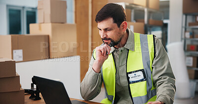 Buy stock photo Supply chain, laptop and man in warehouse, thinking and email for inventory management. Solution, logistics and person in factory, pc or website info for distribution, reading or schedule for backlog
