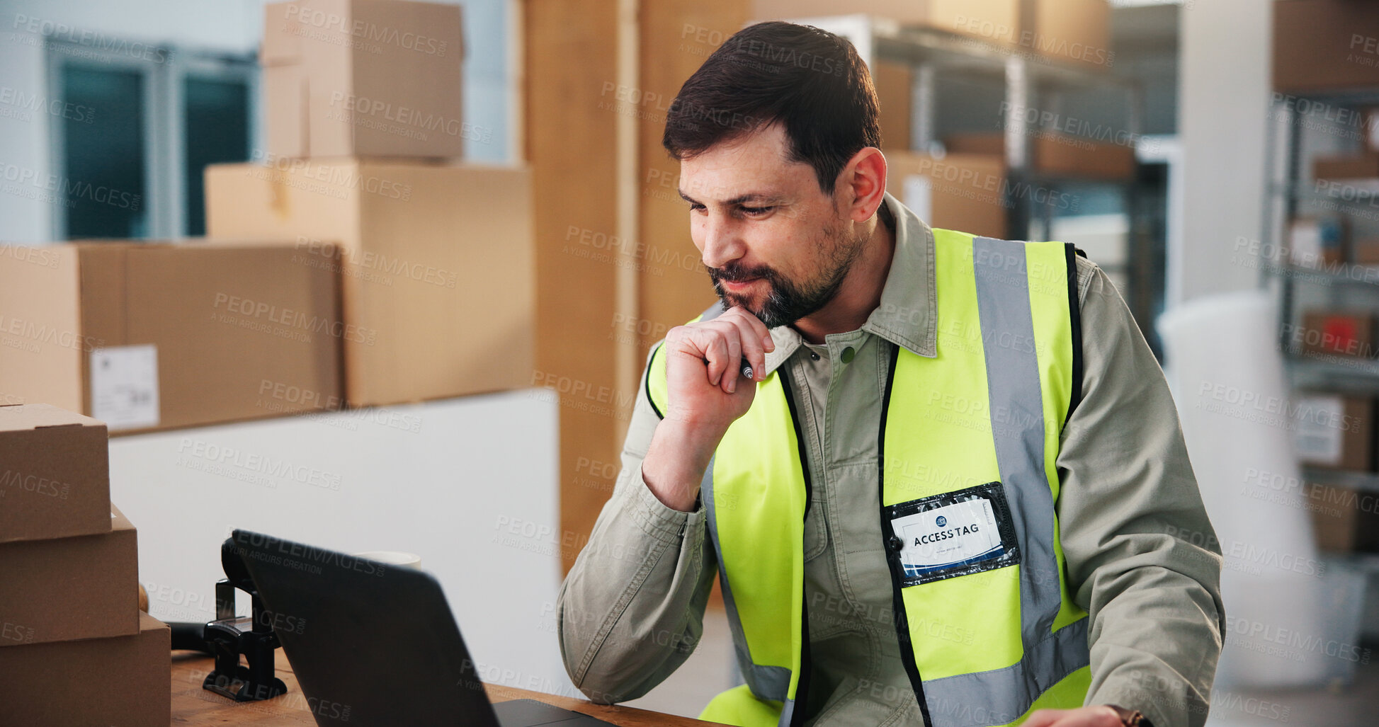Buy stock photo Supply chain, laptop and man in warehouse, thinking and email for inventory management. Solution, logistics and person in factory, pc or website info for distribution, reading or schedule for backlog