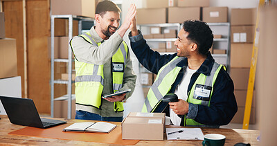 Buy stock photo Logistics, people and high five in warehouse with shipping success, tech or collaboration for sales. Supply chain, happy men and celebration in depot with teamwork, delivery achievement or good news.