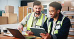 Tablet, men and supply chain employees with laptop in office for online order confirmation with email. Computer, digital technology and male logistics managers with shipping information in workplace.