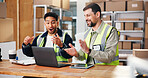 Laptop, distribution and men in warehouse, applause for company bonus and teamwork. Employees, clapping and people in factory, pc and celebration for target achievement, success and revenue increase