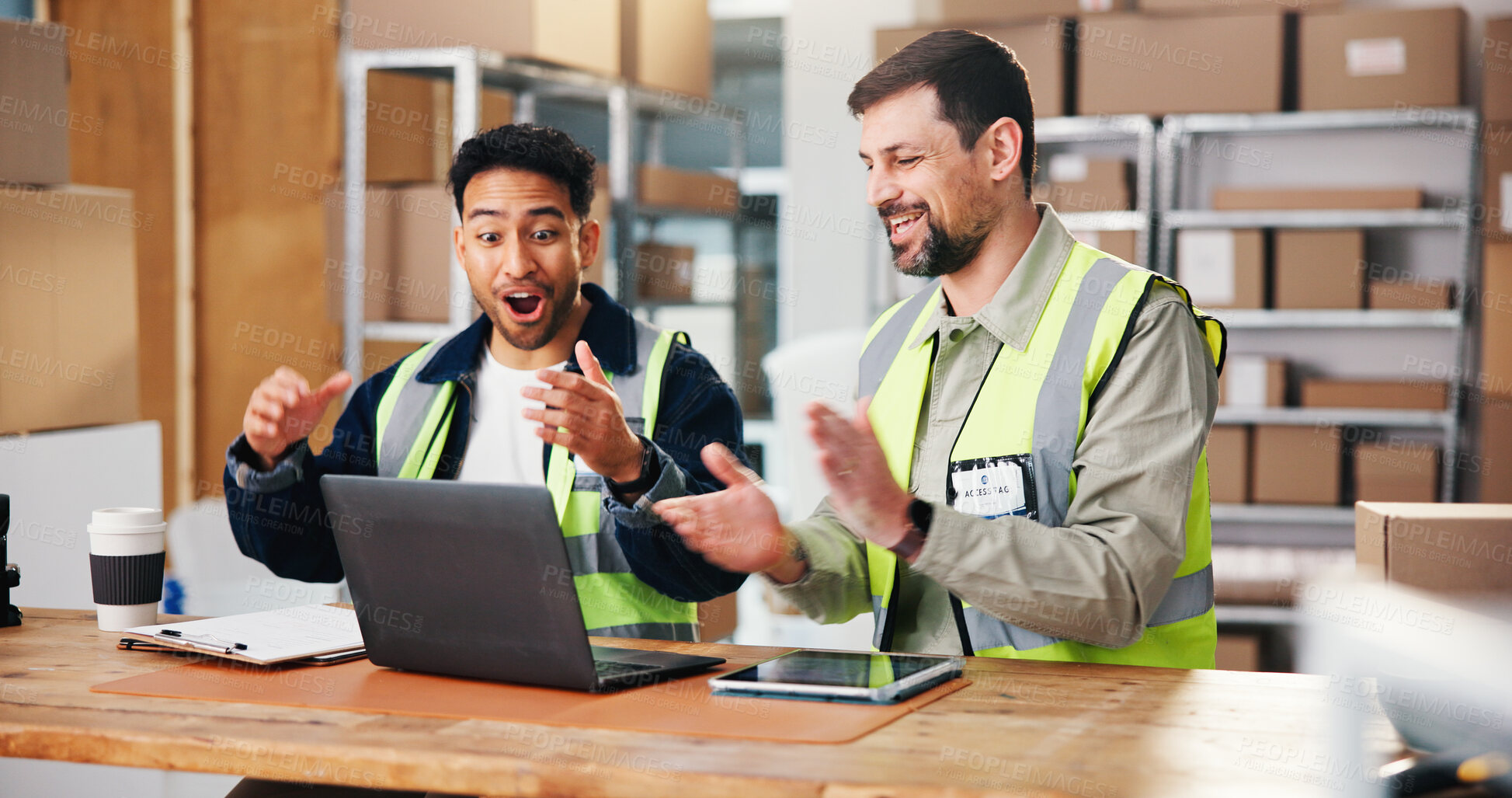 Buy stock photo Laptop, distribution and men in warehouse, applause for company bonus and teamwork. Employees, clapping and people in factory, pc and celebration for target achievement, success and revenue increase