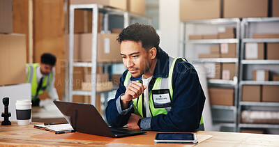 Buy stock photo Reading, laptop and man in warehouse, distribution and email for inventory management. Online schedule, logistics and happy person in factory, pc and website info for supply chain, import and backlog