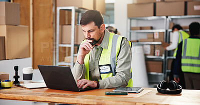 Buy stock photo Logistics, man and reading in warehouse with laptop, problem solving and email for shipping update. Supply chain, person and thinking in depot with computer, courier app and website for online order.