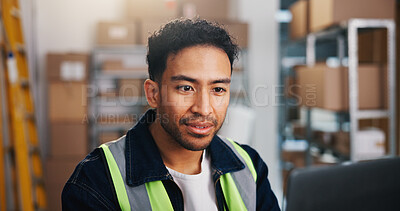 Buy stock photo Computer, logistics and shipping with man in office for delivery schedule or storage management. Agenda, planning and research with employee person in courier workplace for supply chain business