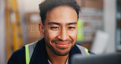 Buy stock photo Computer, logistics and planning with man in office for delivery schedule or storage management. Agenda, research and shipping with employee person in courier workplace for supply chain business