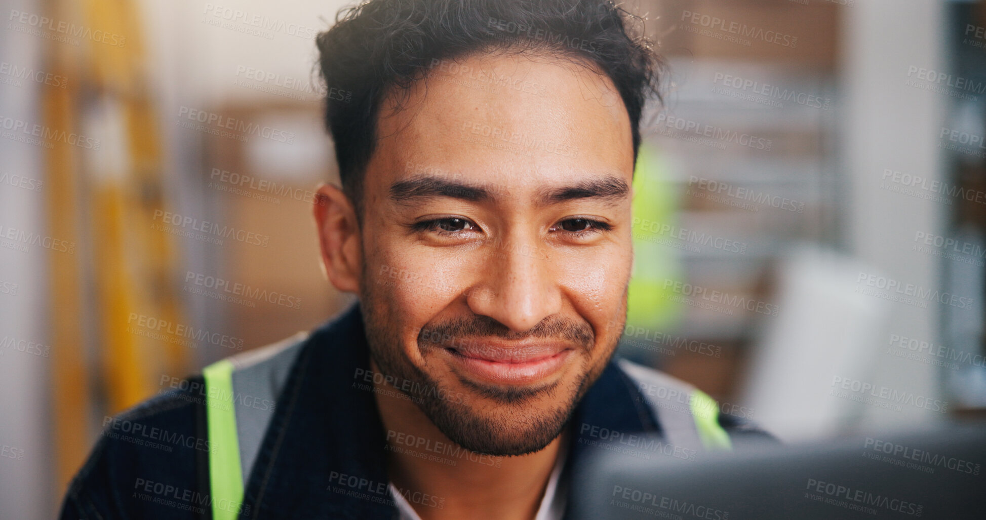 Buy stock photo Computer, logistics and planning with man in office for delivery schedule or storage management. Agenda, research and shipping with employee person in courier workplace for supply chain business