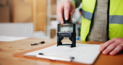 Buy stock photo Person, hands or stamp with clipboard in logistics for inventory checklist, validation or delivery. Closeup, distributor or supplier with puncher for courier confirmation, sale or done order in depot