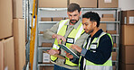 Business people, logistics or team with tablet for inventory, stock checklist or schedule delivery. Men, employees or colleagues with technology for supply chain, shipping or courier service in depot