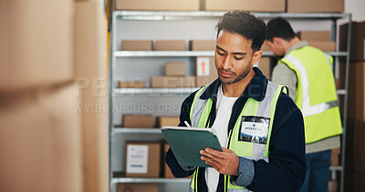Buy stock photo Shipping, inventory and man with tablet, writing and plan for stock distribution, online or delivery. Goods, quality assurance and person with tech for logistics, supply chain and notes with stylus