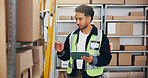 Logistic, inspection or man in storage room with tablet, order track or inventory management in shipping. Distribution, depot or supplier with tech, stock control or package checklist in supply chain