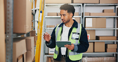 Buy stock photo Logistic, inspection or man in storage room with tablet, order track or inventory management in shipping. Distribution, depot or supplier with tech, stock control or package checklist in supply chain