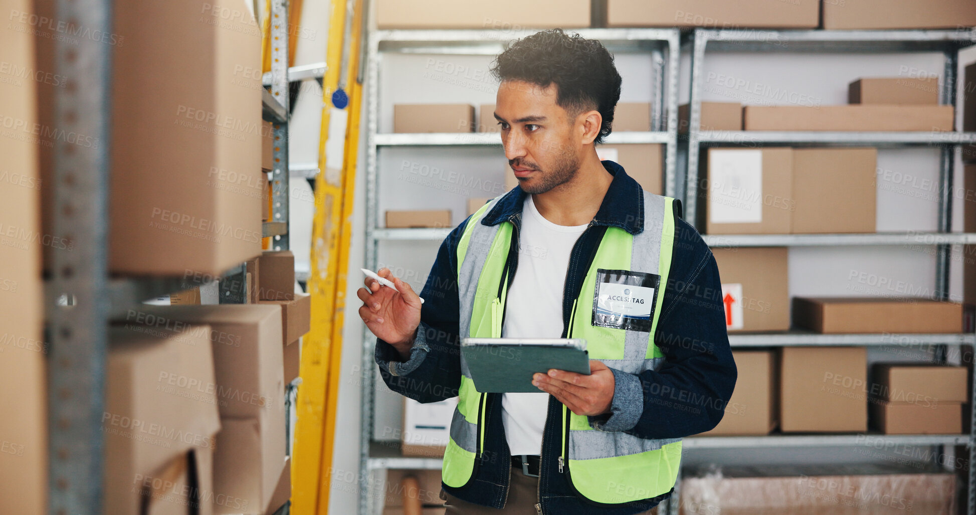 Buy stock photo Logistic, inspection or man in storage room with tablet, order track or inventory management in shipping. Distribution, depot or supplier with tech, stock control or package checklist in supply chain