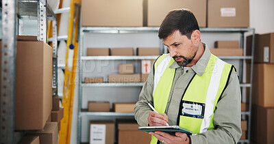 Buy stock photo Logistics, checklist or man in storage room with tablet, order track or inventory management in shipping. Distribution, depot or supplier with tech, stock control or package review in supply chain.