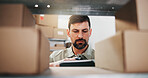 Logistics, inspection or supplier at shelf with tablet, order track or inventory management in shipping. Supply chain, cargo or man with tech, stock control or package checklist in storage room.