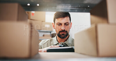 Buy stock photo Logistics, inspection or supplier at shelf with tablet, order track or inventory management in shipping. Supply chain, cargo or man with tech, stock control or package checklist in storage room.