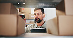 Box, logistics and man with barcode scanner for stock, storage check or distribution with tablet. Reader, tech and person at shelf in warehouse for supply chain, inventory or shipping information