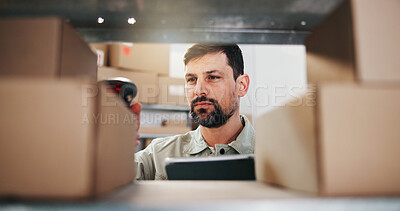 Buy stock photo Box, logistics and man with barcode scanner for stock, storage check or distribution with tablet. Reader, tech and person at shelf in warehouse for supply chain, inventory or shipping information
