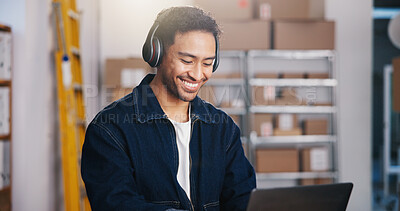 Buy stock photo Headphones, entrepreneur or happy man with laptop for ecommerce, check order status or streaming music. Track parcel, courier site or business owner with tech for supply chain, dropshipping or radio