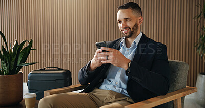 Buy stock photo Investor, smile and man in airport, cellphone for online flight schedule and visa application Person, trader and professional on chair, smartphone and email for boarding pass or global trading deal
