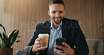 Buy stock photo Smile, phone and business man in airport lounge for flight tracking, layover update and contact. Communication, boarding schedule and conference agenda with person and mobile in vip lobby for travel