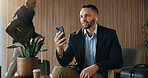 Video call, phone and travel with business man in airport lounge for chat, layover update and contact. Communication, luggage and streaming with person and mobile in vip lobby for connection