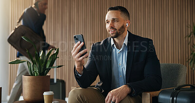 Buy stock photo Video call, phone and travel with business man in airport lounge for chat, layover update and contact. Communication, luggage and streaming with person and mobile in vip lobby for connection