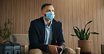 Waiting room, face mask and business man in airport lounge for virus prevention, boarding compliance and safety. Outbreak regulation policy, luggage and travel with person in vip lobby for healthcare