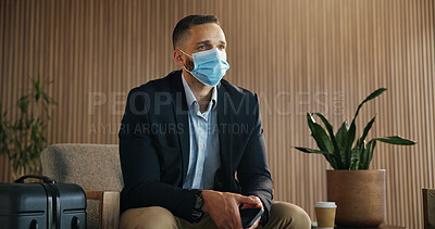 Buy stock photo Waiting room, face mask and business man in airport lounge for virus prevention, boarding compliance and safety. Outbreak regulation policy, luggage and travel with person in vip lobby for healthcare