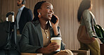 Coffee, phone call and business woman in airport lounge for flight tracking, layover update and contact. Communication, boarding schedule and vision with person and mobile in vip lobby for travel