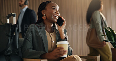 Buy stock photo Coffee, phone call and business woman in airport lounge for flight tracking, layover update and contact. Communication, boarding schedule and vision with person and mobile in vip lobby for travel