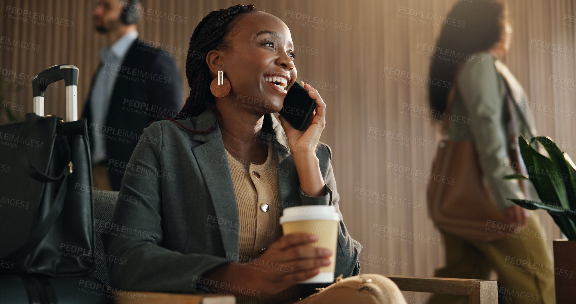 Buy stock photo Coffee, phone call and business woman in airport lounge for flight tracking, layover update and contact. Communication, boarding schedule and vision with person and mobile in vip lobby for travel