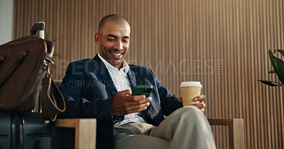 Buy stock photo Trader, smile and man in airport, smartphone for online flight schedule and coffee with chatting. Happy person, latte and investor on chair, cellphone and email for visa application and trading info