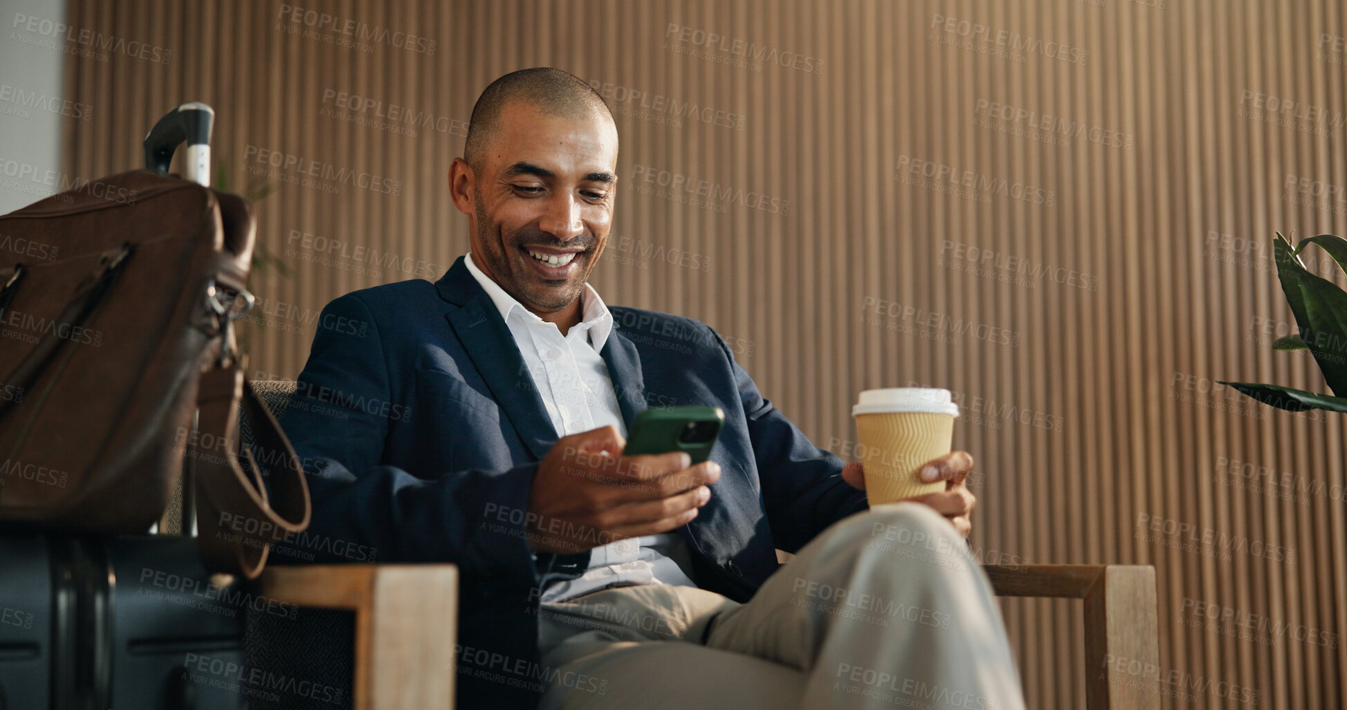 Buy stock photo Trader, smile and man in airport, smartphone for online flight schedule and coffee with chatting. Happy person, latte and investor on chair, cellphone and email for visa application and trading info