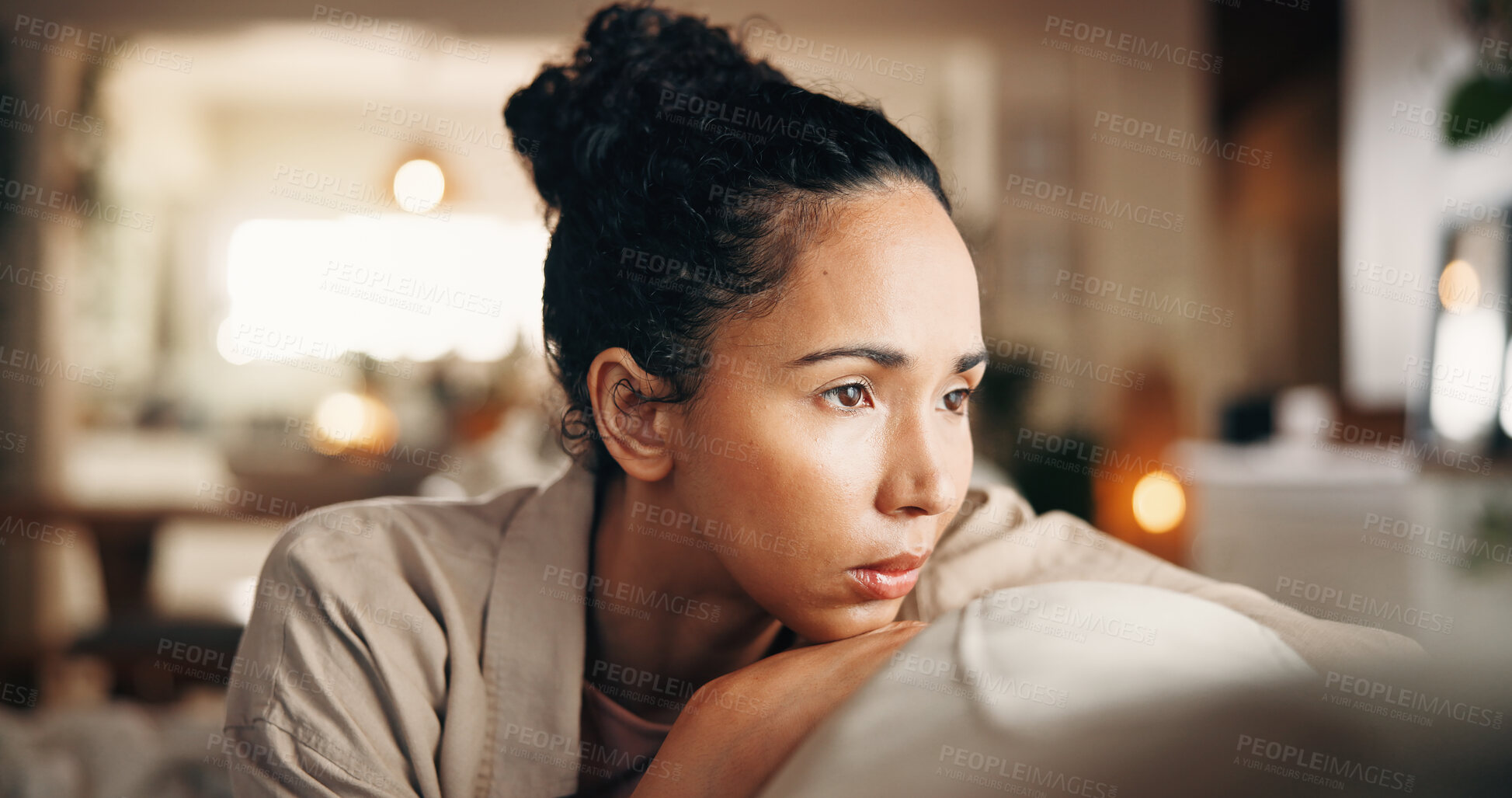 Buy stock photo Thinking, sad and woman on sofa with nostalgia, confused mindset or mistake in wrong decision. Reflection, past memory or female person in living room with doubt, questioning or regret in home.