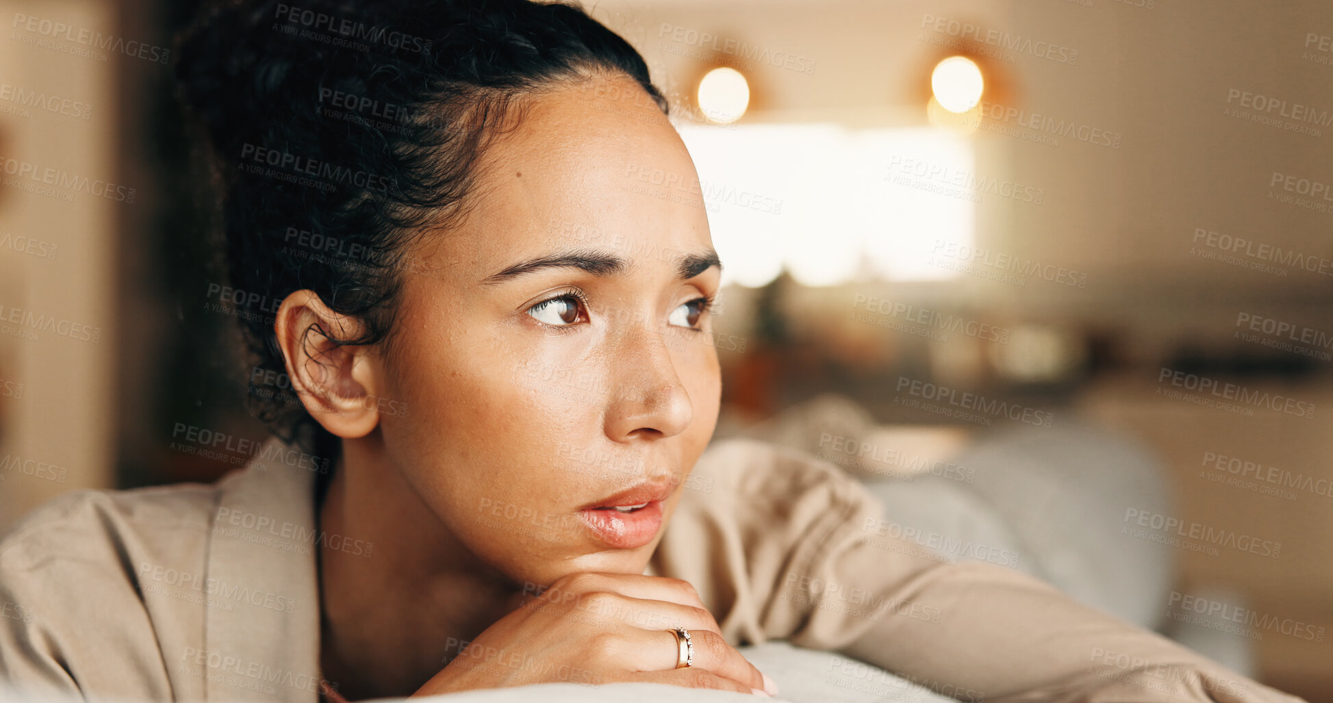 Buy stock photo Woman, relax and thinking on sofa with contemplation, remember memory and peace on weekend break. Female person, chill and reflection in home with vision, nostalgia and daydream about past on couch.