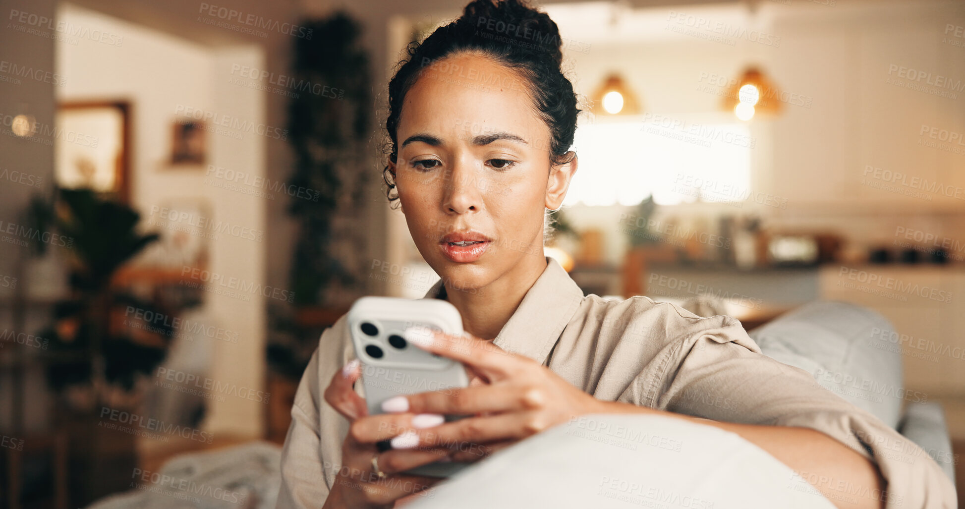 Buy stock photo Worry, woman and reading with phone at house for scam, phishing email and fraud notification. Concern, female person and mobile for fake news, suspicious payment and virus warning with hacking threat