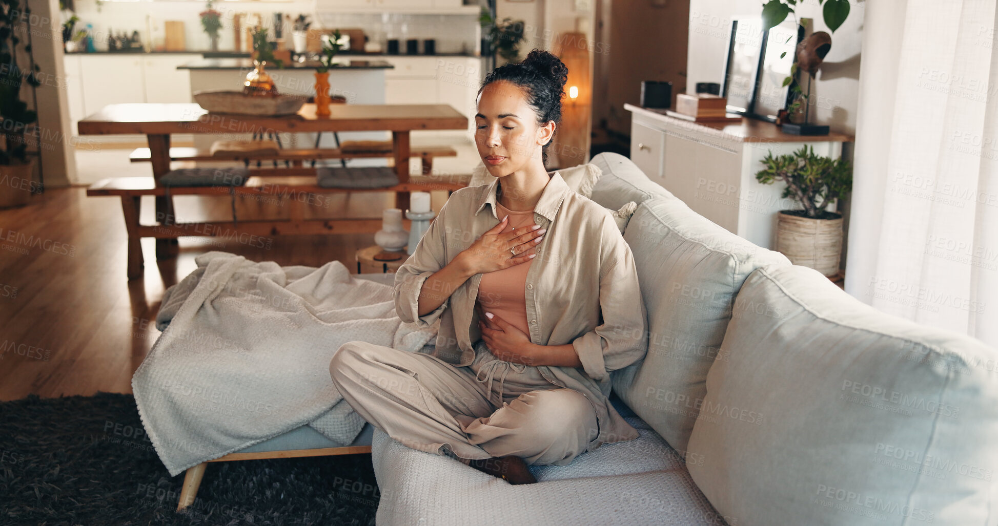 Buy stock photo Woman, relax and sofa with breathing exercise for practice meditation or mindfulness in home. Calm, female person or zen with inner peace or technique for mental health or spiritual wellness in house