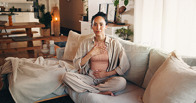 Buy stock photo Happy woman, relax and sofa with breathing exercise for practice meditation or mindfulness in home. Calm, female person or rest with inner peace for zen, mental health or spiritual wellness in house