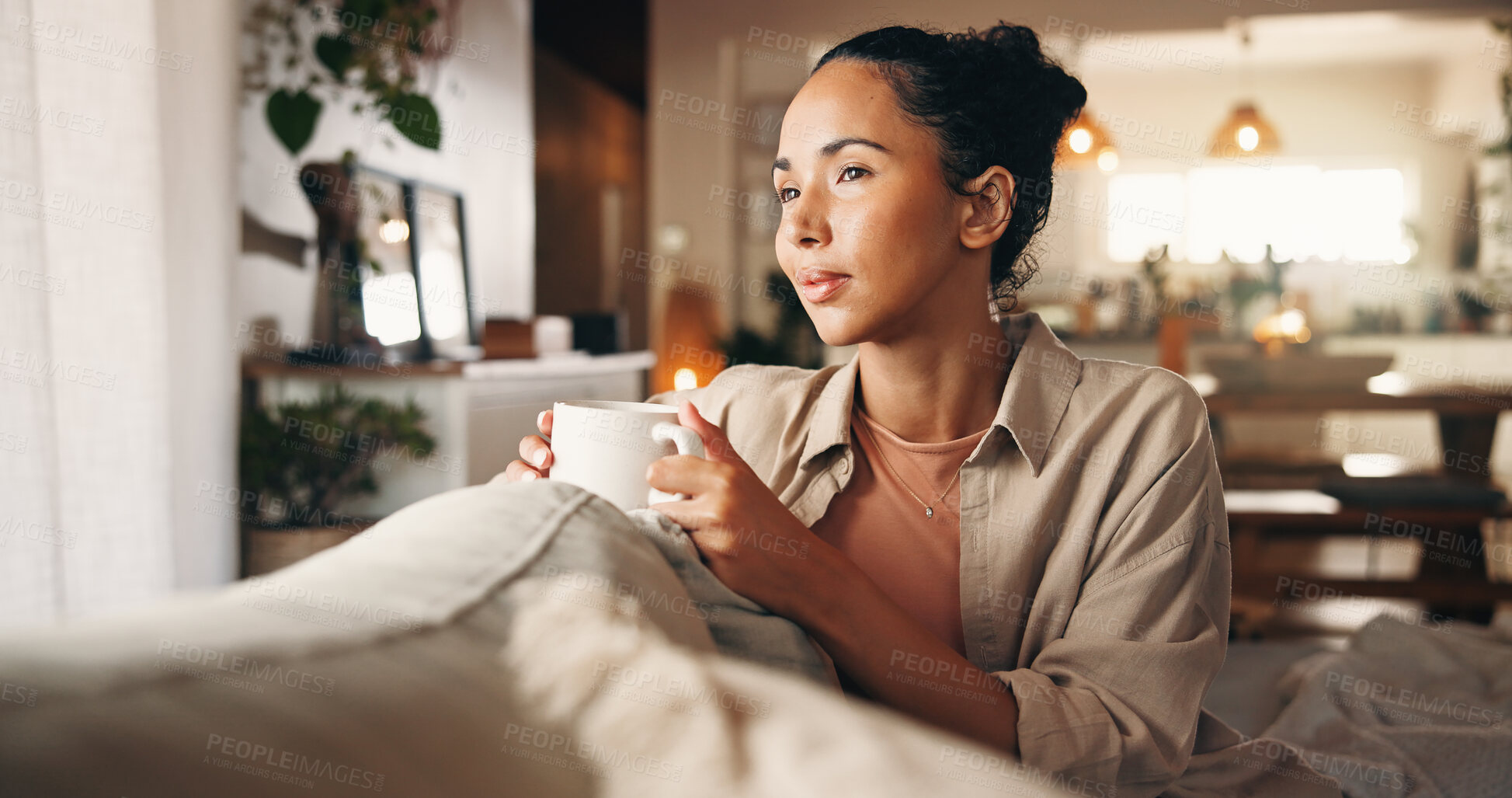 Buy stock photo Coffee, thinking and vision with woman on sofa in living room of home for break, chilling or me time. Memories, nostalgia and relax with person drinking beverage in apartment for weekend planning