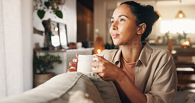Buy stock photo Coffee, relax and thinking with woman on sofa in living room of home for break, chilling or me time. Memories, nostalgia and vision with person drinking beverage in apartment for weekend planning