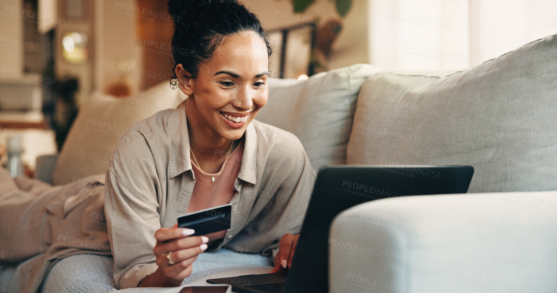 Buy stock photo Laptop, payment and happy woman in living room with credit card, online shopping discount or cashback. Person, smile and digital banking in home with computer, fintech or ecommerce sale for purchase.