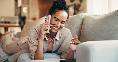 Buy stock photo Relax, smile or woman on couch with phone call, comfortable or communication on dating site. Chill, conversation or female person in home with tech, voice chat or connection on matchmaking platform.