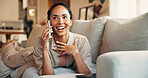 Relax, smile or woman in house with phone call, comfortable or communication on dating site. Chill, conversation or female person in home with tech, voice chat or connection on matchmaking platform.
