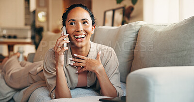 Buy stock photo Relax, smile or woman in house with phone call, comfortable or communication on dating site. Chill, conversation or female person in home with tech, voice chat or connection on matchmaking platform.