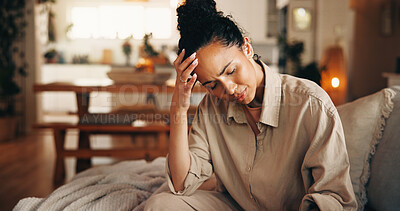 Buy stock photo Couch, headache and woman in home with pain, stress and bankruptcy with debt in living room. Brain fog, sick and person with migraine, mental fatigue or overwhelmed with financial crisis in house