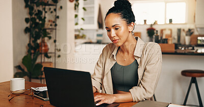 Buy stock photo Remote work, finance or woman in house with laptop, profit change or news update on investment return. WFH, typing or analyst in home with tech, budget review or revenue growth on client account.